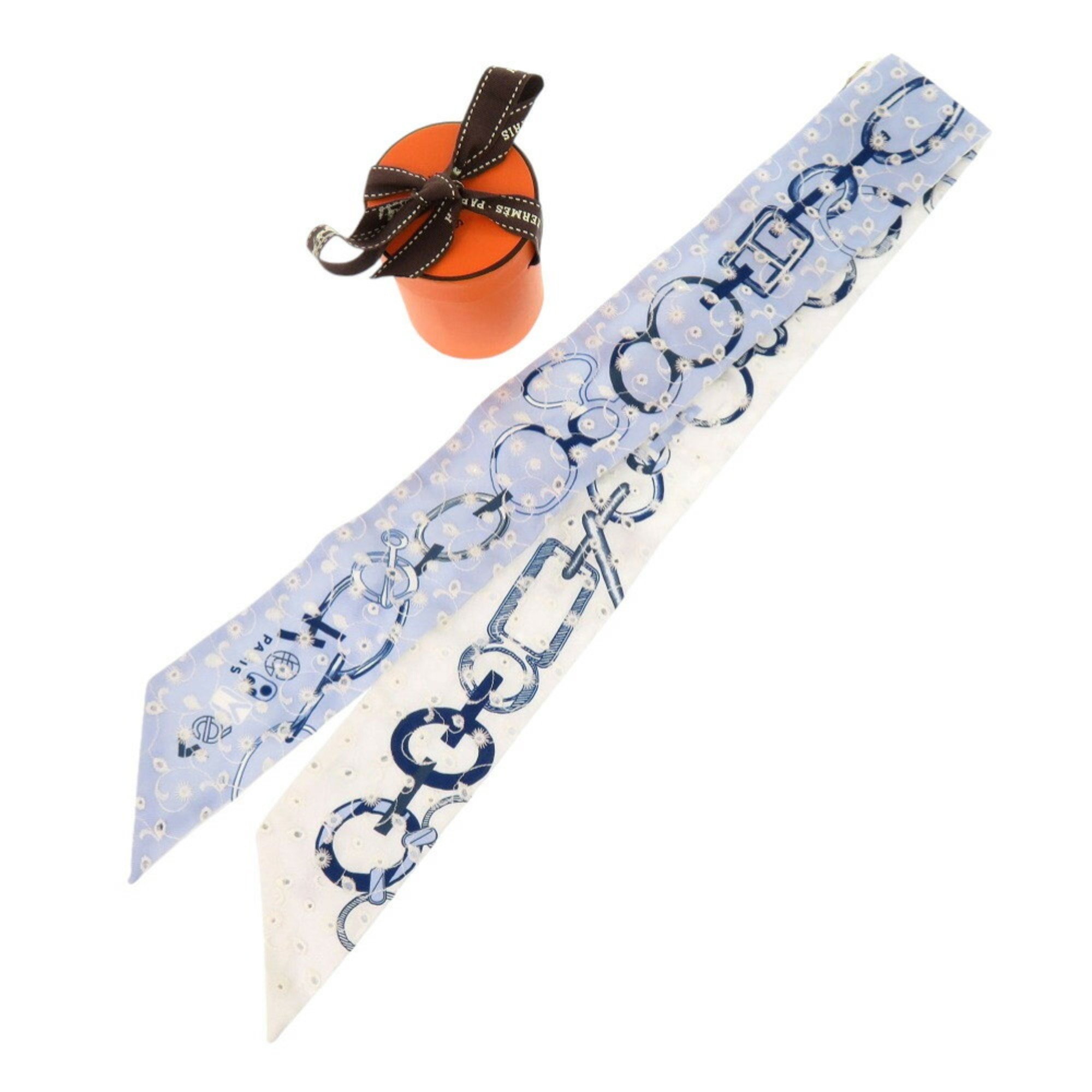 Unused Herms Twilly De Les Boucles Broderie Anglaise Silk Blue Scarf Muffler...
